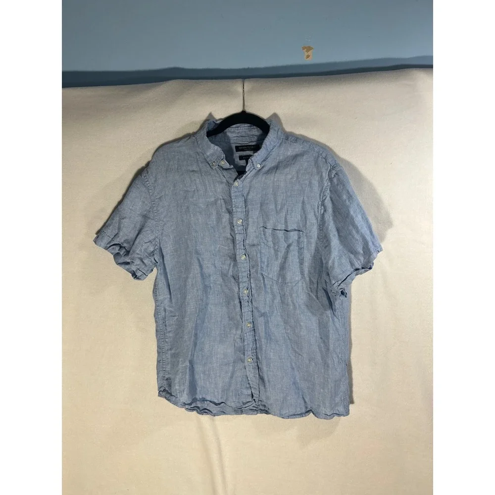 Banana Republic Mens Large Slim 100% Linen Short Sleeve Button Down Shirt Blue